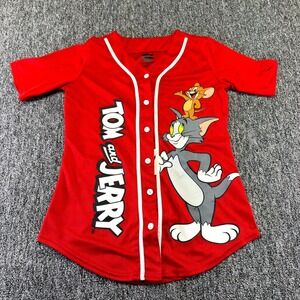 Tom and Jerry Baseball Jersey Womens Medium Red Mesh Graphic Print Curved Hem